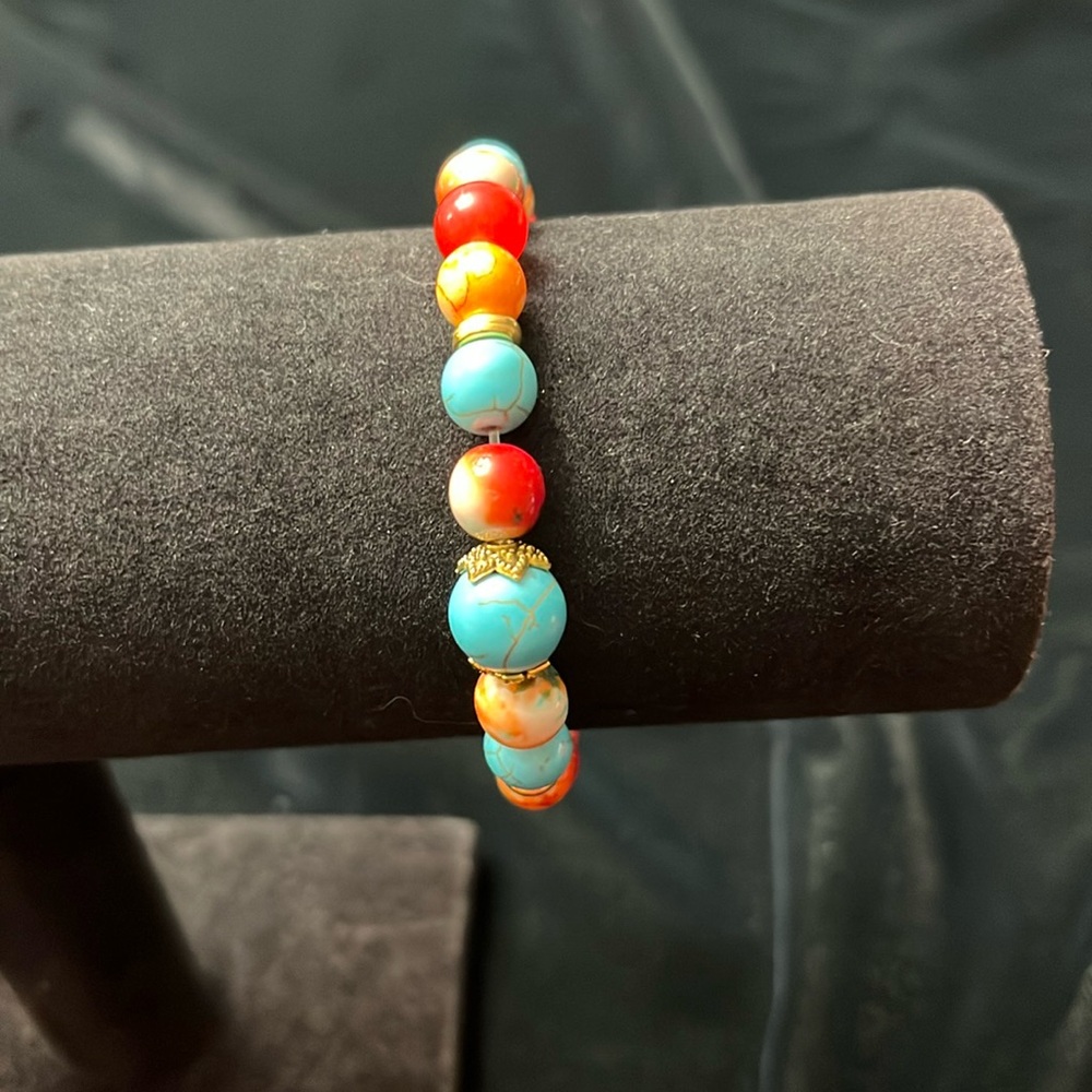 Red/Mottled Teal/Orange Glass Bead Bracelet W Goldtone Spacers